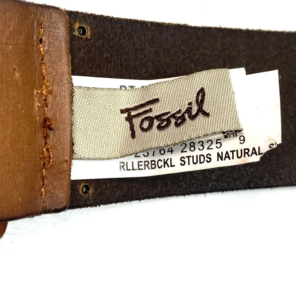 Fossil Mens Tan Genuine Leather Studded Belt Roller Buckle Size M Casual